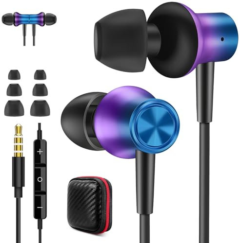Jiunai Wired Earbuds In Ear Headphones with 3.5mm Jack Built-in Mic Volume Control Noise Isolated Stereo S M L Ear tips Magnetic Tangle-Free Earphone for iPhone Android School Students Gradient Purple