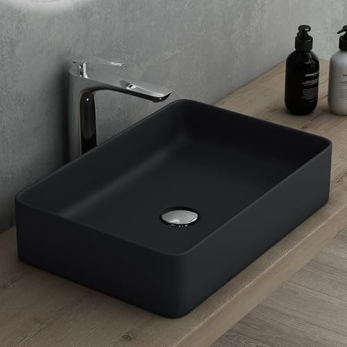 Mai & Mai Lavabo da Appoggio 58x38x13cm in Ceramica, Brüssel105D | Lavandino Bagno, Nano Rivestimenti inclusi, Nero opaco