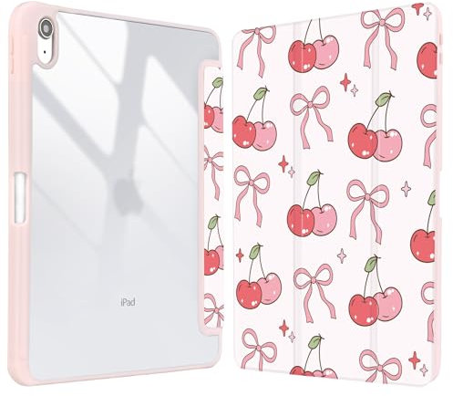 Vozehui 11/10.9 Pouces Coque Cerises Compatible iPad 11/10ème Génération Étui 2025/2022 Coque avec Coque arrière Transparente avec Porte-Crayons,avec réveil Automatique du Sommeil Nœud Papillon