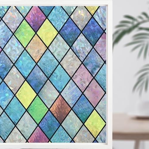 Fensterfolie Blickdicht Selbsthaftend, Statisch Haftend Fenster Bunt, 3D Regenbogen Sichtschutzfolie Fenster, 90 × 400cm ohne Klebstoff Folie Anti-UV Sonnenschutzfolie Büro Küche Wohnzimmer