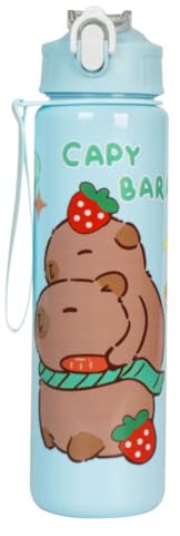 Capybara - Botella portátil de 700 ml con popote y asa, taza de agua de viaje de gran capacidad, botella de agua kawaii para niños y niñas, uso diario
