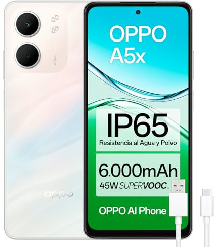OPPO A5x - Smartphone Libre con IA, 4GB RAM + 128GB, Pantalla 6.67 90Hz, Cámara 32MP, Batería 6000, Carga Rápida 45W, Versión Española – Blanco