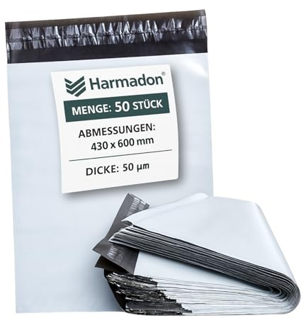 Harmadon Versandtaschen 50 Stück 430x600mm – Selbstklebende Kunststofftaschen für Kleidung – Reißfest, Wasserdicht, Weiß – Ideal für Warensendungen