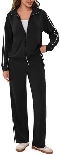 Terecey Jogginganzug Damen Trainingsanzug Mit Streifen Und Zipper Jacke | 50 % Viskose 45 % Polyester Und 5 % Elastan, Regular Fit Mit Streifen Design, Ideal Für Laufen Training Alltag Und Reisen.