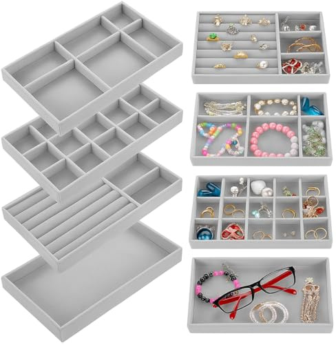 4 Pz Organizer Portagioielli,Vassoi Porta Gioielli da Cassetto,Vassoio Organizzatore Gioielli Impilabili in Velluto per Cassetti, Armadi,Orecchini,Anelli, Bracciali, Collane, Regali per Donne - grigio