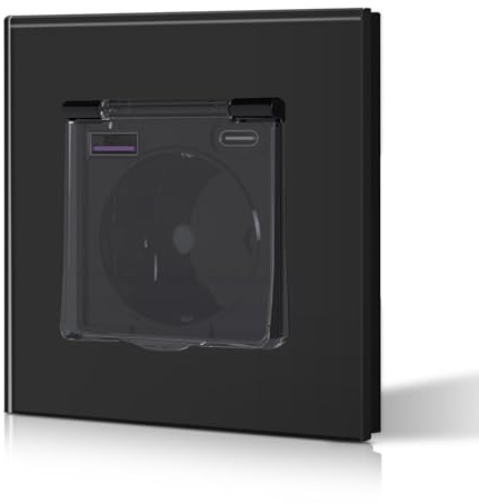 BSEED Unterputz Steckdose mit 20W USB und Typ C Port, Glas Wandsteckdose mit Wasserdicht Abdeckung Ideal für Feuchträume Outdoor und Indoor Verwendung, 86mm 1 Fach Schwarz