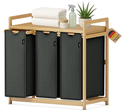 XMHome wäschekorb 3 fächer 148L großer quadratischer Wäschesammler aus Bambus Wäschebox optisch ansprechender Wäschesortierer in 77.5X41.3X77.5 CM Dunkelgrau