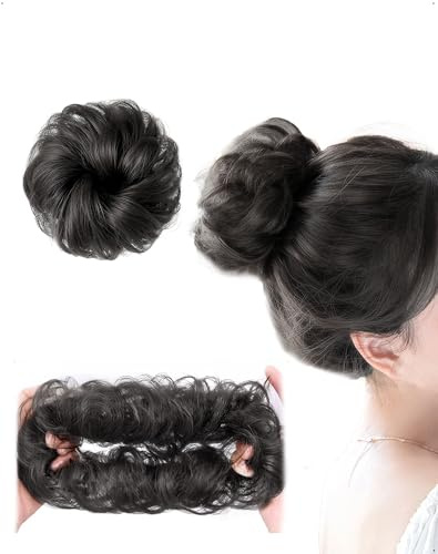 SanKristo Postizo para moño desordenado, coleteros cabello moños pelo rizados y ondulados mujer, despeinados, accesorios elásticos, mullidas extensiones gomas sintético donut, negro marrón