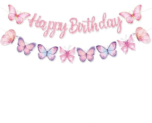 Glitzer Schmetterling Happy Birthday Girlande, Rosa und Lila, 19cm Schmetterlinge, Geburtstags-Partydekoration Banner mit Doppelseitigen Klebepunkten