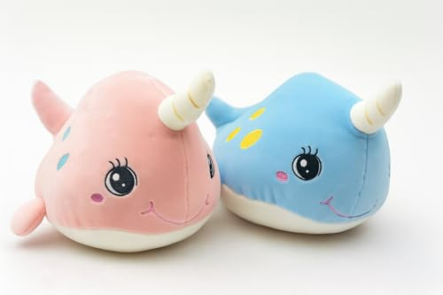 Mel-O-Design Plüsch Narwal 34 cm – Rosa Kuscheltier Wal mit Horn, Weiches Stofftier, Süßes Meerestier Plüsch, Geschenk für Kinder & Tierfreunde (Blau+Rosa)