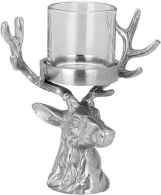 Windlicht Hirschkopf 21 cm aus Aluminium in Silber mit Glaszylinder Ø 7,5 cm - Kerzenhalter für Stumpenkerzen oder Maxi-Teelicht - dekorativer Kerzenständer für Tisch, Sideboard und Festtafel