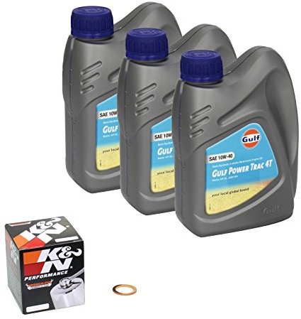 Gulf Power Trac (10W-40) Ölwechsel-Set Suzuki SV 650 ABS, Bj. 07-09 - Motoröl, K&N Chrom Ölfilter und Dichtring