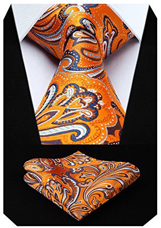 HISDERN Herren Krawatte Blumen Paisley Krawatte & Einstecktuch Set Orange Weip