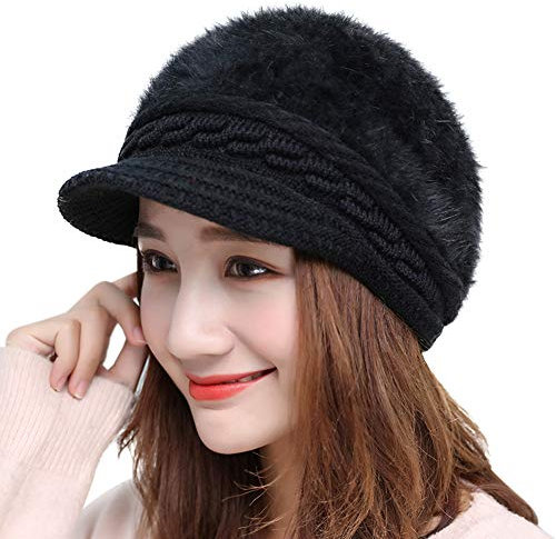 LONTG Wintermütze Damen Strickmütze Verdickte Baskenmütze mit Ohrenschutz Weiche Warme Beanie Mütze Kunstpelz Damenmütze Winddichte Schirmmütze Barett für Outdoor Sport als Weihnachten Geschenk