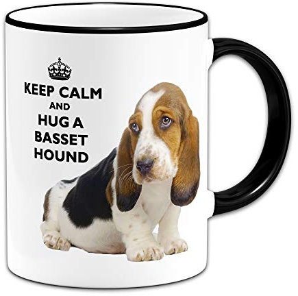 Keep Calm and Hug A Basset Hound - Gift Mug + Black Handle/Rim