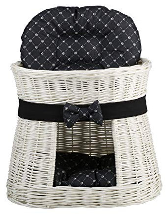 e-wicker24 Panier, Maison en Osier à Deux étages, Panier Osier Blanc avec lit au Dessus et 2 Coussins Noirs imprimé Petits Pieds de Chats, Tour pour Chat.