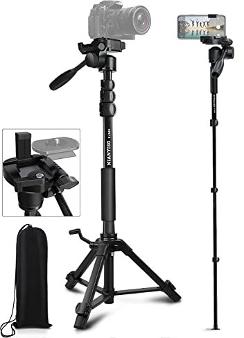 Camera Tripod 69 Inch, Patented 3-Way Swivel Portable Phone Tripod Professional Aluminum Alloy Travel Phone Camera Stand Monopod for Canon Nikon GoPro DSLR, DV Video Camcorder, Smartphone Black
