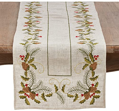 SARO LIFESTYLE 1851.N1654B Joyeuses Fêtes Collection Embroidered Pinecone and Holly Table Runner, 16 x 54, Natural