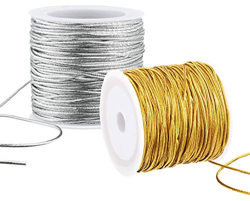 2 Rollen Metallisch Elastisch Schnüre Strecken Schnüre Band Metallisch Lametta Schnur Seil zum Basteln Geschenkverpackung, 1 mm 55 Yards (Gold und Silber)