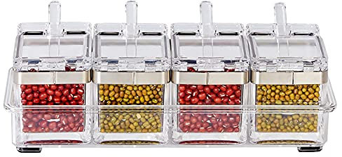 LOYUYU Seasoning Box Stainless 304 Steel Edge, Seasoning Rack Spice Pots, Storage Container Condiment Jars 4 Piece Clear Acrylic Cruet with Cover and Spoon