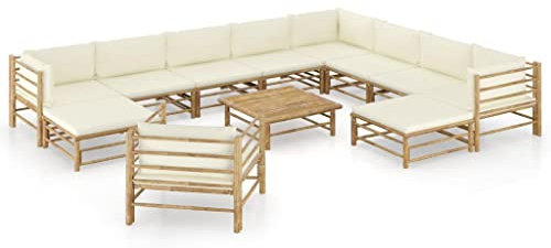 vidaXL Gartenmöbel 12-TLG. mit Cremeweißen Kissen Garten Garnitur Sitzgruppe Sofa Gartensofa Lounge Sitzgarnitur Gartenset Ecksofa Mittelsofa Fußhocker Bambus
