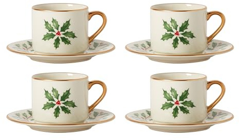 Lenox 894178 Holiday Espressotasse und Untertasse, 4-teiliges Set, Weihnachtsgeschirr, Gastgeber