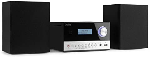 Audizio Arles HiFi Stereo System - Bluetooth Bookshelf Stereo with DAB+ Digital Radio, FM Tuner, USB MP3 Playback, CD Player, Alarm Clock & Remote Control, Black/Silver finish