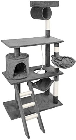 Wiltec Kratzbaum in Grau 141 cm hoch, Katzenbaum mit Sisal, Katzenkratzbaum mit Katzenhaus, Hängematte und Liegemulde, Kletterbaum für Katzen