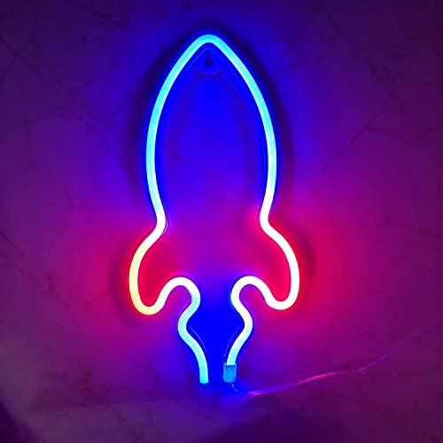 Neon LED Licht - dekorative USB Batterie Leuchte Neonlicht Schild Reklame Lampe Bar Party Wand Deko Nachtlicht Gaming Setup Streamer Hintergrund Beleuchtung Wandleuchte (Rakete blau rot)