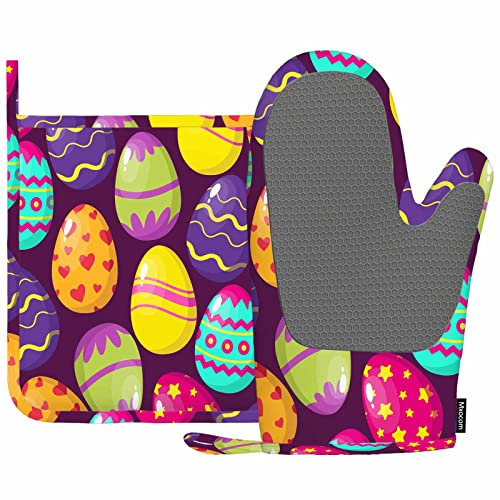 Mxocom Frohe Ostereier Hitzebeständige Ofenhandschuhe und Topflappen Cartoon niedliche Ostereier auf lila Küche rutschfeste Kochen Mikrowelle Handschuhe zum Kochen Backen Grillen