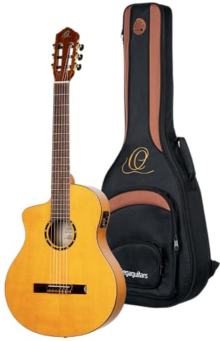Ortega Guitars Family Series Pro - Guitarra flamenca para zurdos, tamaño 4/4, electroacústica, pícea y ciprés con acabado brillante, color amarillo – Incluye funda (RCE170F-L)