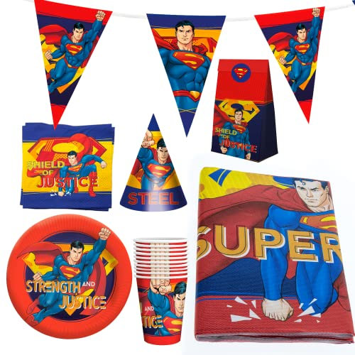 Party Factory `Superman´ XXL-Set, 10 Becher, 10 Teller, 20 Servietten, 1 Tischdecke, 1 Wimpelkette, 10 Partyhüte und 10 Partytüten