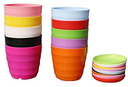 gueche 8Pcs 11cm Colorful Plastic Plant Pots and Saucers, 8 Colors Plant Container Indoor and Outdoor Flower Pots with Drainage Holes and Pallet Trays for Your Room Office, Garden, (11 x 9cm)