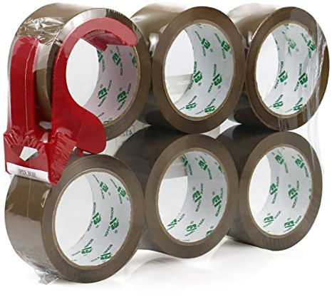 BOMEI PACK Quiet Box Tape Brown No Noise Box Secure Tape Silent Packing Tape,Heavy Duty Moving Cartons Sealing Tape,6 Rolls 60mic x48mm x66m with a Dispenser