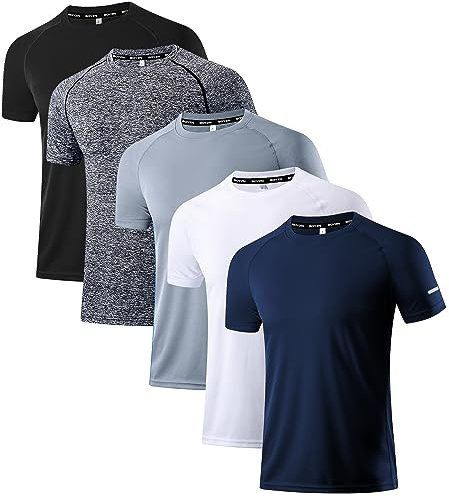 Holure Herren 5er Pack Sports Atmungsaktiv Schnelltrocknend Kurzarm T-Shirts Schwarz/Heather grau//Grau/Weiß/Marine 03-M