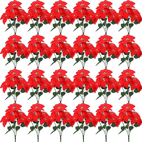 Yunlly Künstliche Weihnachtssterne mit 5 Köpfen, Samt, Kunststoff, rote Blumensträuße für Zuhause, Garten, Innen- und Außenbereich, Basteln, Hochzeit, Party, Tisch, Blumenzubehör, 24 Stück