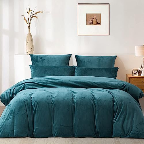 Gezu Winter Bettwäsche 200x200cm Uni Blau Petrol Nicky Teddy Fleece Kuschelig Flanell Warm Plüsch und Kissenbezug 80x80cm Wendebettwäsche Garnitur Set mit Reißverschluss
