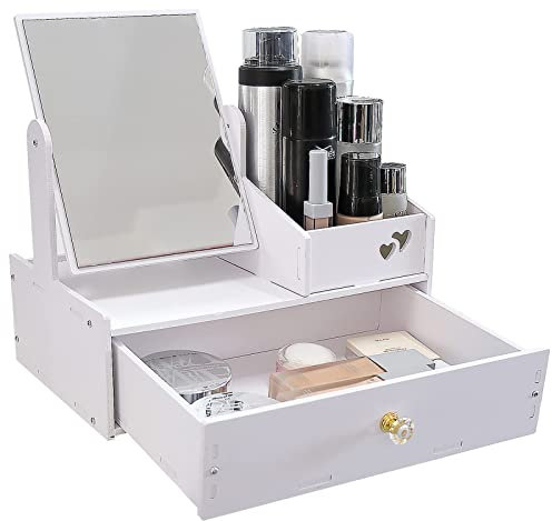 Mikytoper Makeup Organiser with Mirror Multifunctional Dressing Table Organiser White Cosmetics and Skincare Organiser Makeup Organiser Storage Assembly Kit with Instruction (C-square mirror)