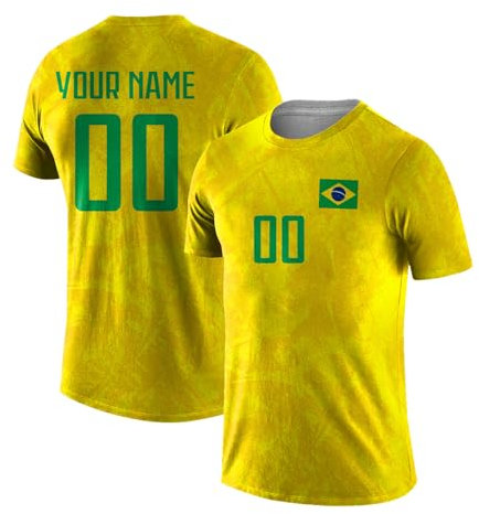 Yolovi Personalisiertes Fussballtrikot mit Namen Nummer Drucken Nationalflagge Sport Casual Trikots Fussballshirts für Herren Damen Jugendliche Brazil