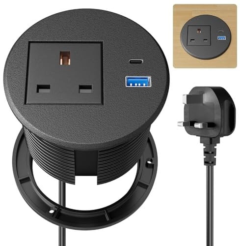 Desk Power Strip USB C PD20W, Desk Grommet Power Socket 80MM, Recessed Power Socket with USB, Desk Extension Lead 2M Extension Cord, Black