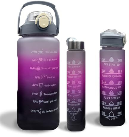LITTLELAGOON Water Bottle 3 Pc Set with Straw 2L 300ml 900ml | Leak Proof BPA Free Motivational Drinking Bottles with Time Marker | Perfect for Sports School Office Gym Yoga Cycling for Kids Adults