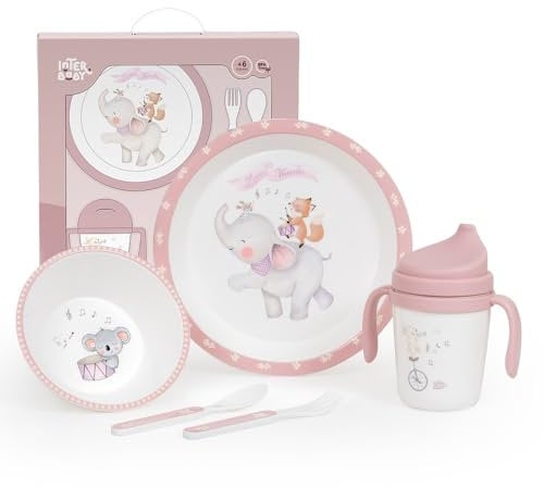 Juego de Vajilla Bebe Interbaby | Set Vajilla Infantil 5 Piezas Plato Llano, Bo, Cuchara, Tenedor y Vaso Antigoteo Aprendizaje | Apta para Microondas y Lavavajillas, Mayores de 6 Meses