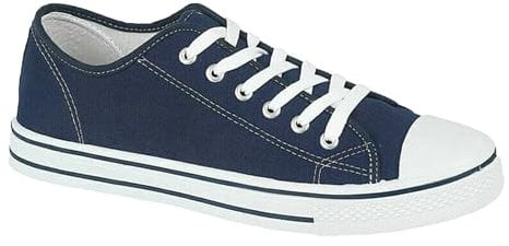 Womens Ladies Gym Trainers Canvas Shoes Plimsolls Casual Flat Lace Up Pumps Size Navy-White 7