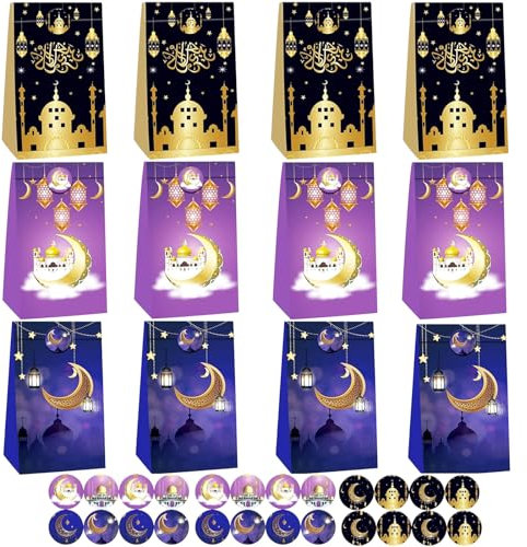 Seasboes Eid Mubarak Geschenktüten, 12 Stück Eid Mubarak Favor Taschen, Ramadan Geschenktüten mit 24 Aufklebern, Islamische Muslimische Dekoration Ramadan Leckerlis Candy Tasche Papiertüten
