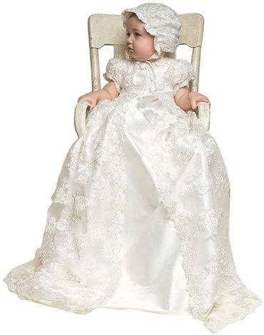 CAMDOM Baby Long Christening Gowns 3pcs White Lace Baptism Dress Suit with Bonnet