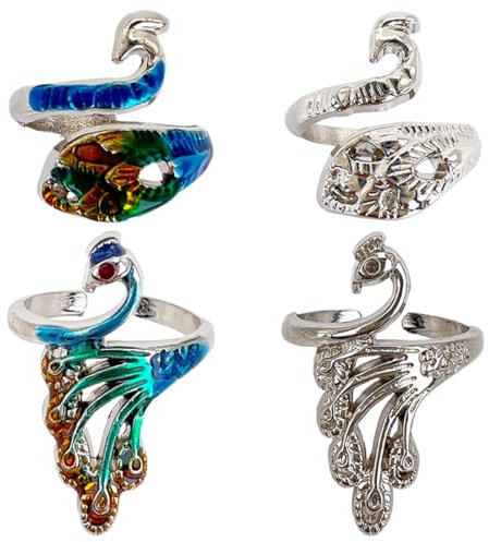 XKSOCT 4 Stück Silber Fisch Phoenix Metall gewebte Ringe Offener Ring,verstellbare Strickschlaufe Häkelring Finger Halter Zubehör für Basteln Handweben Haken Line Supplies Spatz
