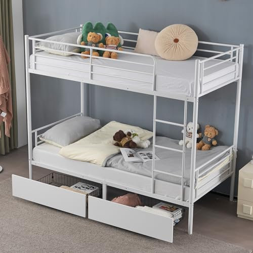 GIVOKE Twin Over Twin Bunk Bed for Adults Kids, Heavy Duty Bunk Bed with 2 Drawers Double High Sleeper Bed with Ladder & Guard Rails
