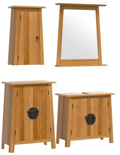 vidaXL Badmöbel Set 4-TLG., Badschrank mit Stauraum Metallgriffe, Waschbeckenunterschrank für Badezimmer, Badspiegel Wandschrank, Massivholz Kiefer
