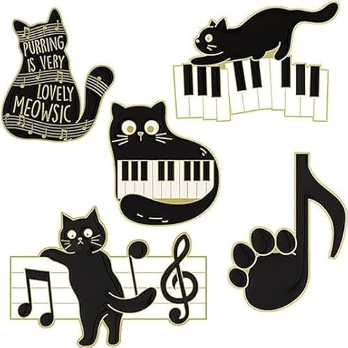 xutao 5PS Katzen Emaille Brosche Anstecknadeln Kitty Paw Schwarze Katze Tierschmuck Geschenk für Kinder Freunde Musikliebhaber