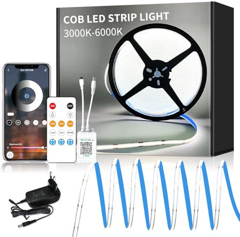 Yeewhale cob Led strip 5m,APP Steuerung,mit Fernbedienung,DC24V 6000k Weiß LED band,flexible Dimmbar COB LED Streifen,anwendbar auf Schlafzimmer, Raum,DIY Dekoration